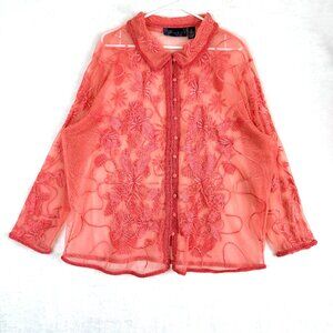 SUSAN GRAVER Mesh Sheer Embroidered Floral Boho Coquette Collared Tunic Blouse 2